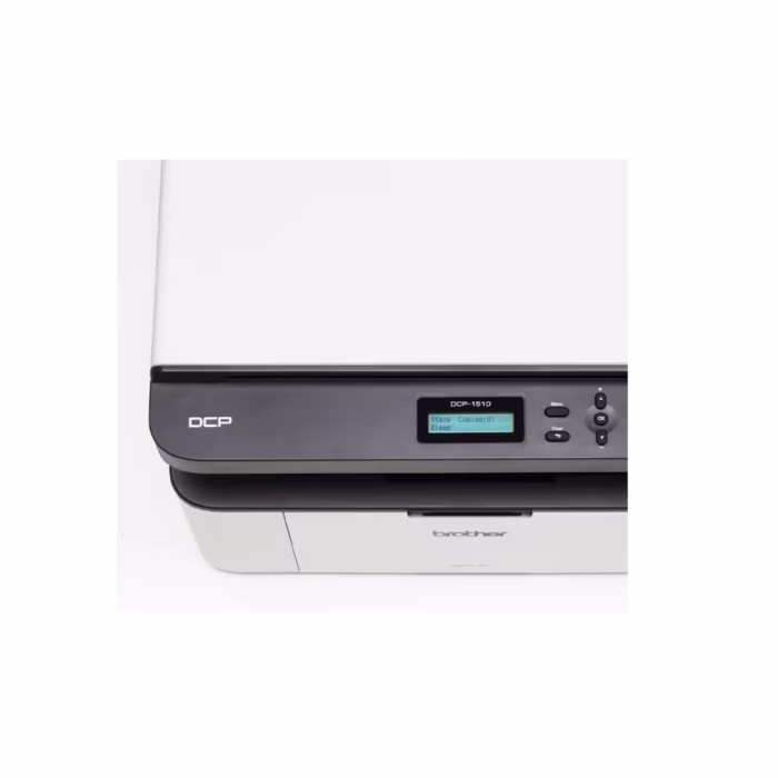 Brother DCP-1510 и Brother DCP-1510E – компактно моно лазерно МФУ с 150-листова тава, заснето отгоре върху офисно бюро.
