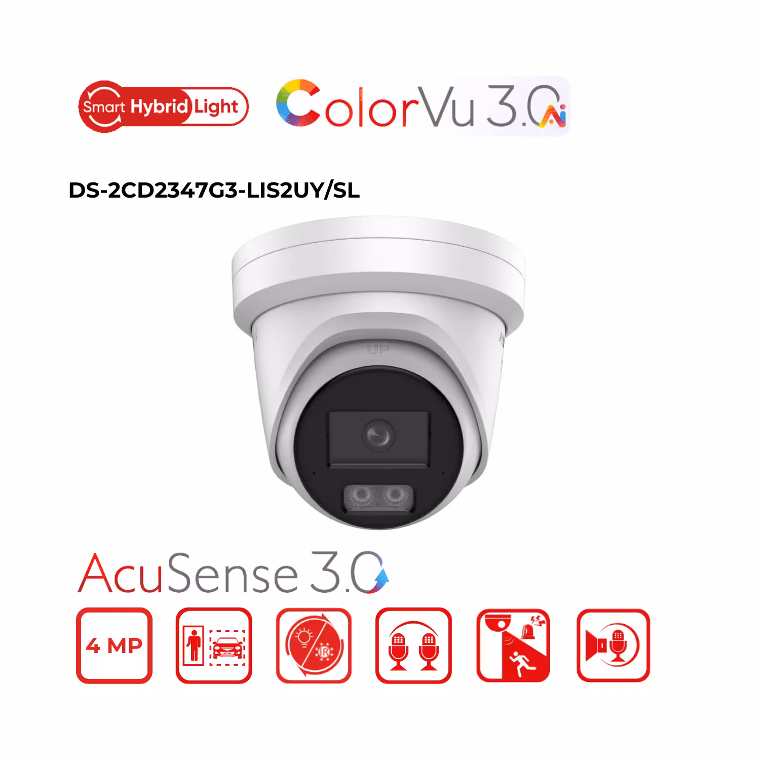 Hikvision DS-2CD2347G3-LIS2UY/SL 4MP 2.8 mm ColorVu турет Камера Hikvision DS-2CD2347G3-LIS2UY/SL 4MP 2.8 mm ColorVu турет, бял корпус за вътрешен и външен монтаж