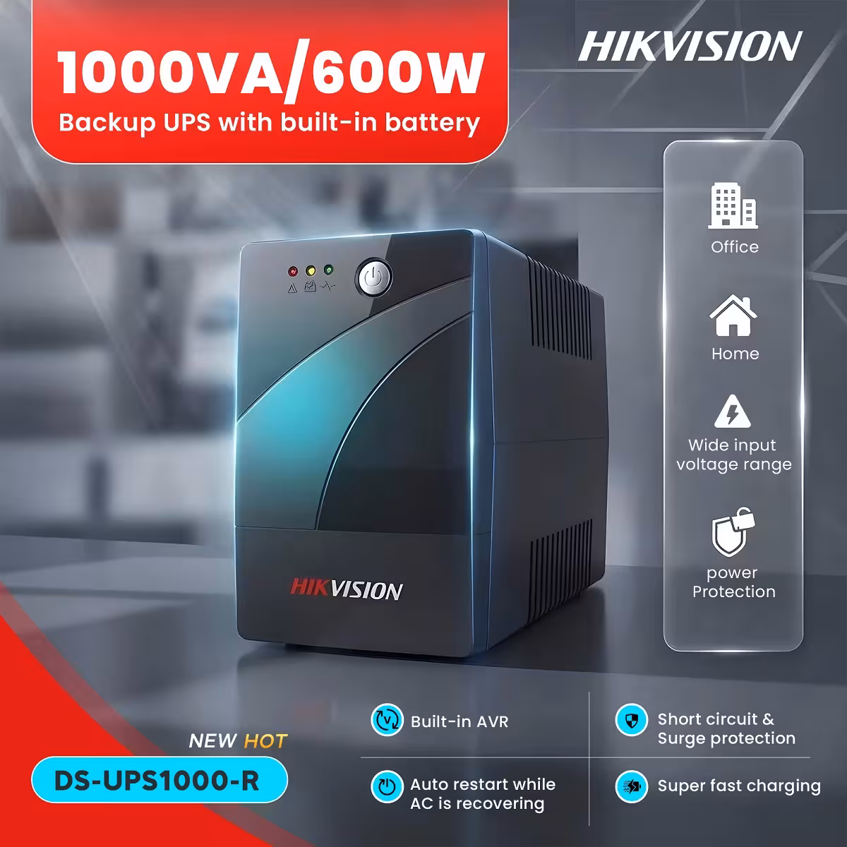 HikVision DS-UPS1000-R Backup 1000VA UPS за надеждно резервно захранване HikVision DS-UPS1000-R Backup непрекъсваемо токозахранване за защита на NVR, DVR, суичове и други електронни устройства