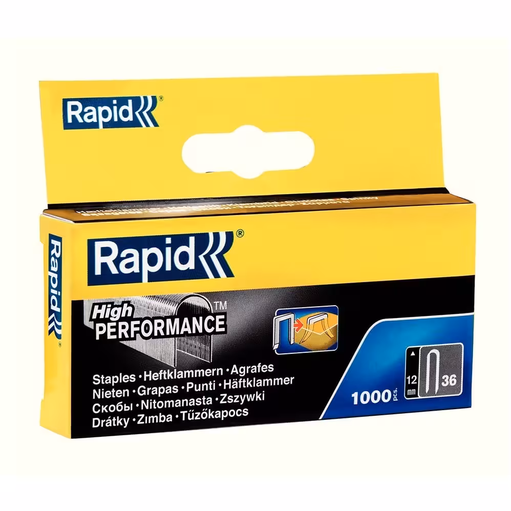 Rapid 36/12 mm скоби за такер тип 36, поцинкована стомана Rapid скоби за такер 36/12 mm от поцинкована стомана за по-дебели материали като дърво, тапицерия и фолио