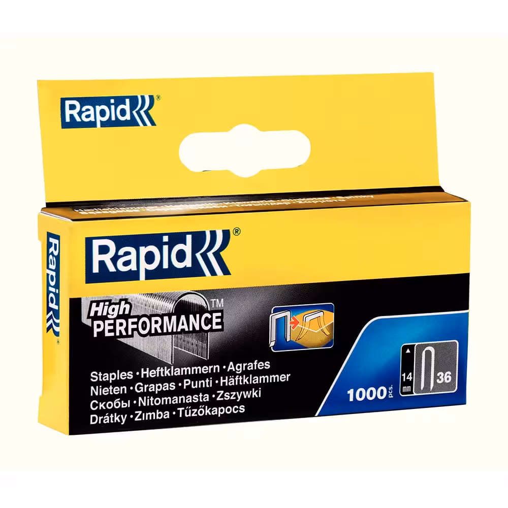 Rapid 36/14 mm скоби за такер тип 36, поцинкована стомана Rapid скоби за такер 36/14 mm, поцинкована стомана, за по-дебели материали като дърво, OSB и тапицерия