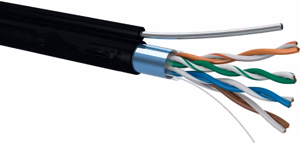 FTP Cat5e CCA помеднен с въже - екраниран кабел с носещо въже FTP Cat5e CCA помеднен с въже екраниран мрежов кабел за опъване и монтаж по трасе
