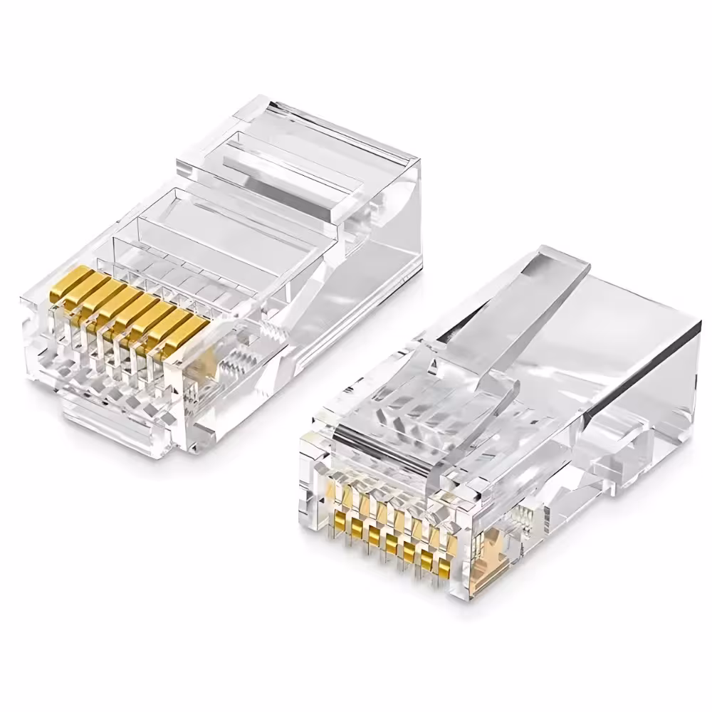 RJ45 Cat5e конектор за LAN – 8P8C UTP и FTP, за кримпване RJ45 Cat5e конектор за LAN кабел – 8P8C, прозрачен, за UTP и FTP мрежови връзки