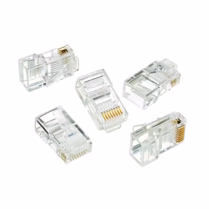 RJ45 Cat5e конектор за LAN кабел – 8P8C, прозрачен, за UTP и FTP мрежови връзки