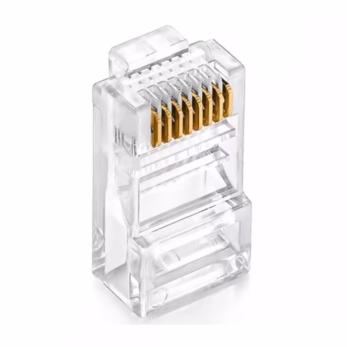 RJ45 Cat5e конектор за LAN кабел – 8P8C, прозрачен, за UTP и FTP мрежови връзки