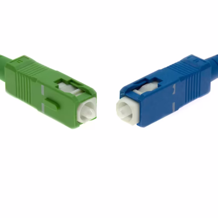 Оптичен patch cord SC/UPC към SC/APC 1 m, едномодов OS2 9/125 μm, жълт кабел със син и зелен конектор за шкаф и FTTH