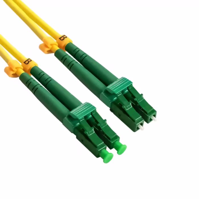 LC-APC duplex пач кабел 5 m, едномодов OS2 9/125 μm, зелени LC-APC конектори, двувлакнест за шкаф и FTTH