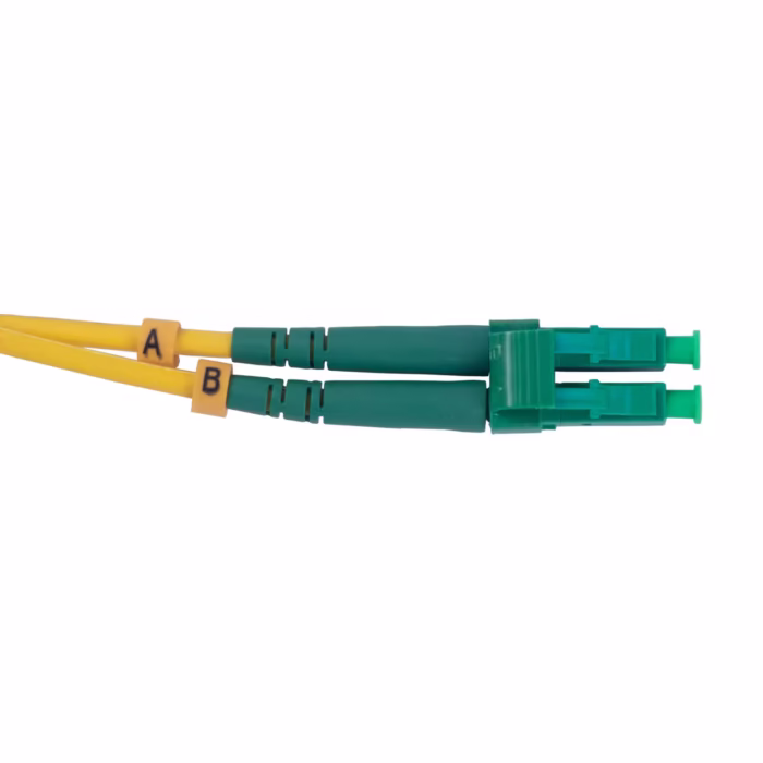 LC-APC duplex пач кабел 5 m, едномодов OS2 9/125 μm, зелени LC-APC конектори, двувлакнест за шкаф и FTTH