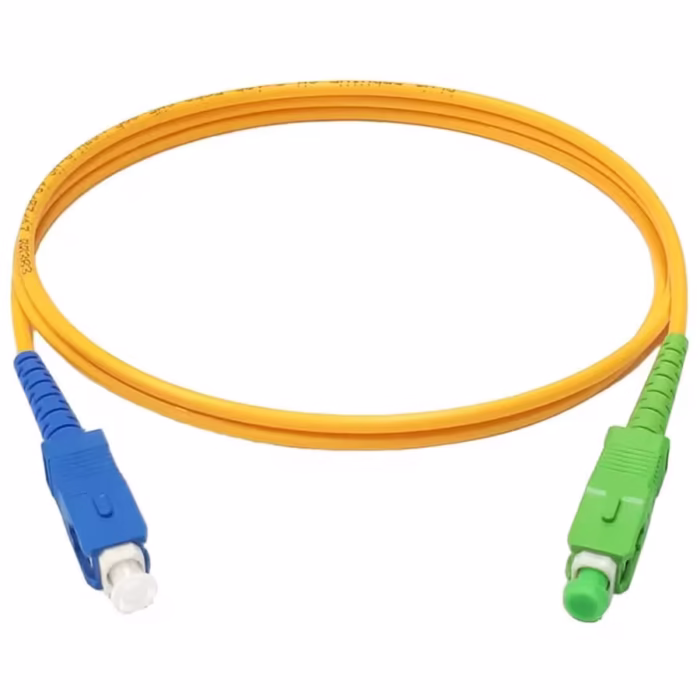 Оптичен patch cord SC/UPC към SC/APC 1 m, едномодов OS2 9/125 μm, жълт кабел със син и зелен конектор за шкаф и FTTH