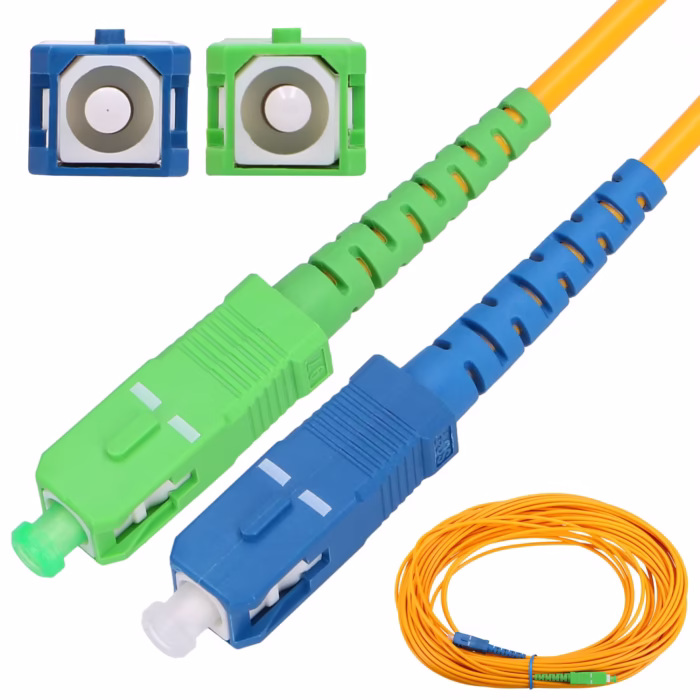 Оптичен patch cord SC/UPC към SC/APC 10 m, едномодов OS2 9/125 μm, жълт кабел със син и зелен конектор за свързване между отдалечен ODF и устройство