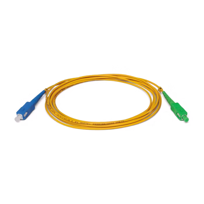 Оптичен patch cord SC/UPC към SC/APC 3 m, едномодов OS2 9/125 μm, жълт кабел със син и зелен конектор за ODF и FTTH