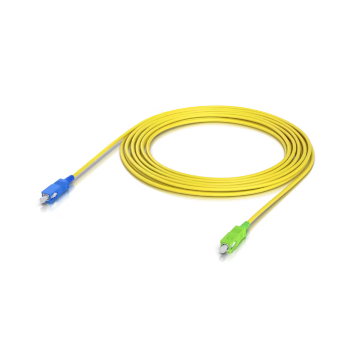 Оптичен patch cord SC/UPC към SC/APC 5 m, едномодов OS2 9/125 μm, жълт кабел със син и зелен конектор за шкаф и FTTH