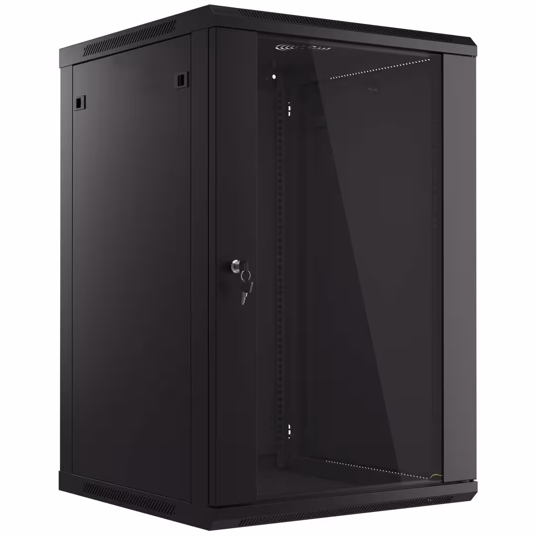 Шкаф 18U 600x600 стоящ подов 19 инчов rack шкаф с увеличен капацитет Шкаф 18U 600x600 стоящ 19 инчов шкаф с просторна вътрешна зона за техника и кабели