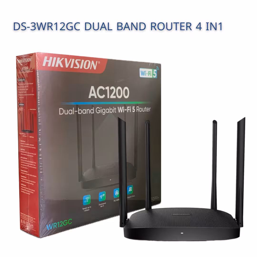 Hikvision DS-3WR12GC AC1200 двубандов рутер, 4×5 dBi, Gigabit Hikvision DS-3WR12GC двубандов Wi-Fi 5 рутер с 4 външни антени 5 dBi и гигабитови портове, подходящ за дом и офис