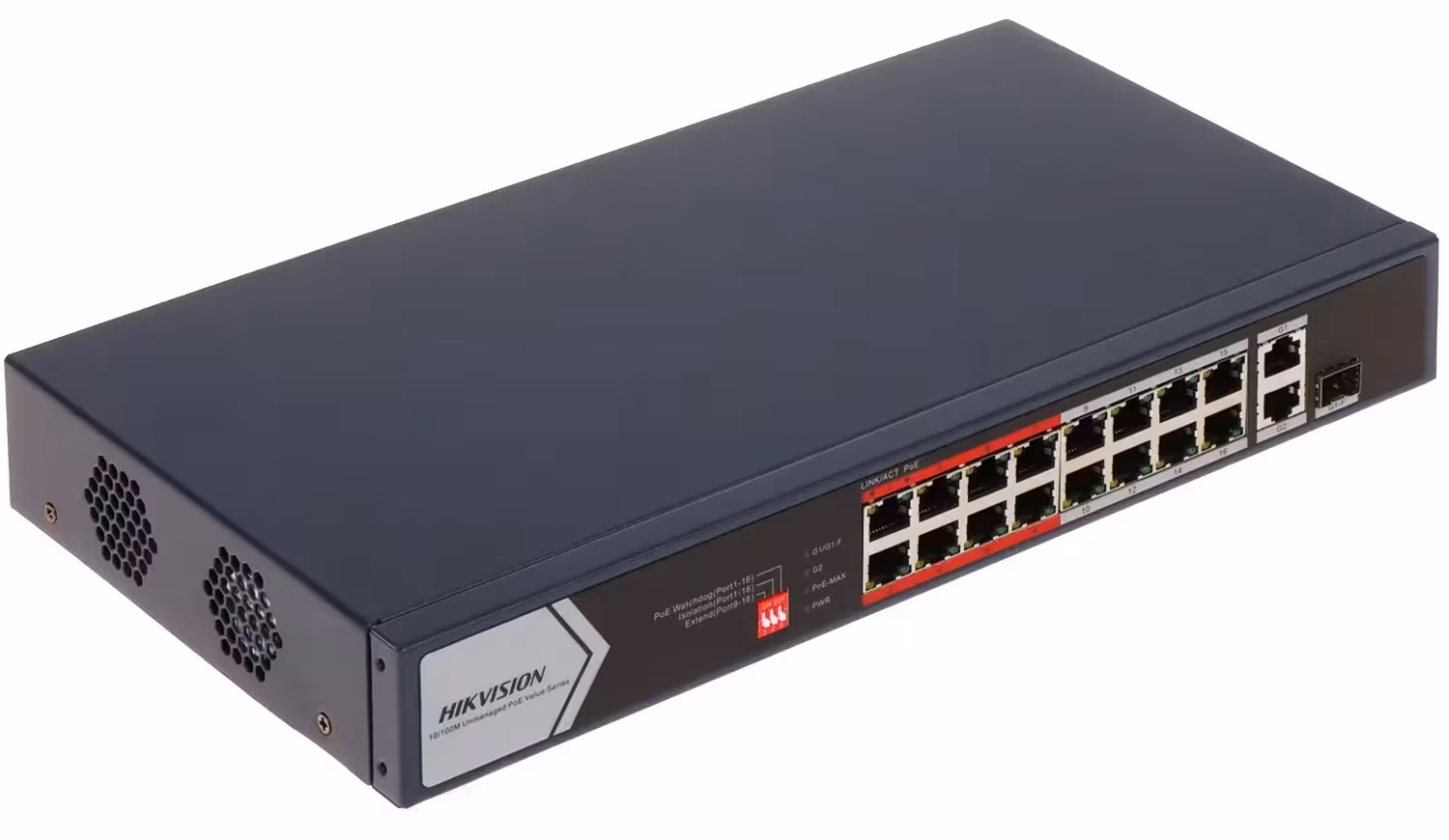 Hikvision DS-3E0318P-E/M(C) PoE комутатор с 16 PoE порта и 2 гигабитови uplink порта Hikvision DS-3E0318P-E/M(C) PoE суич с 16 PoE порта и 2 uplink порта за IP видеонаблюдение
