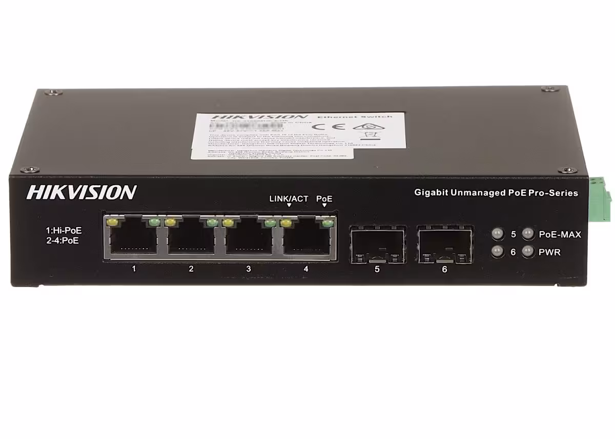 HikVision DS-3T0506HP-E/HS индустриален Hi-PoE суич с 4 PoE порта и 2 SFP uplink порта HikVision DS-3T0506HP-E/HS Hi-PoE мрежов суич за камери и оптична връзка в тежка среда