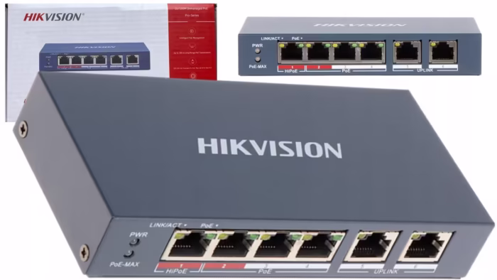 PoE суич Hikvision DS-3E0106HP-E с 4 PoE порта и 2 uplink порта, метален корпус без вентилатор, за камери и NVR