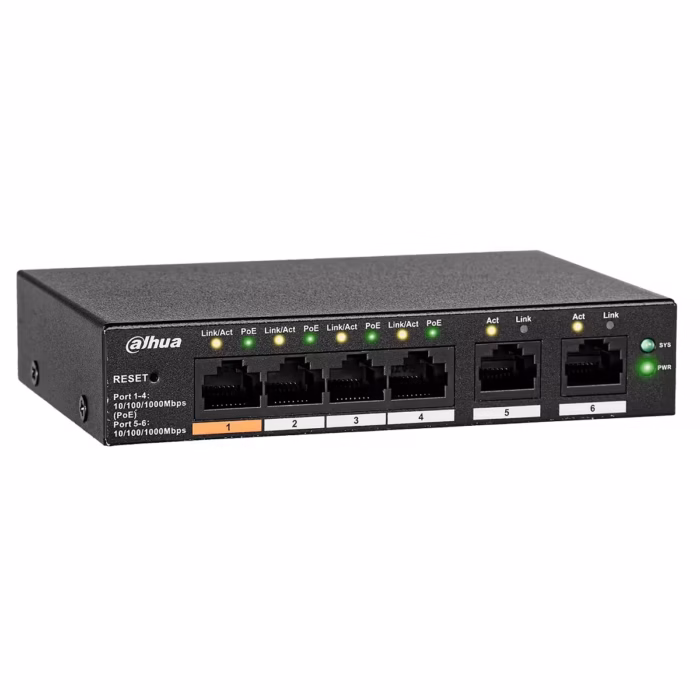 DAHUA CS4006-4GT-60 компактен Layer 2 PoE суич с 12 Gbps комутационен капацитет и метален корпус