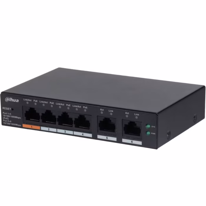 DAHUA CS4006-4GT-60 управляем PoE суич с 4 гигабитови порта за камери и 2 гигабитови uplink връзки