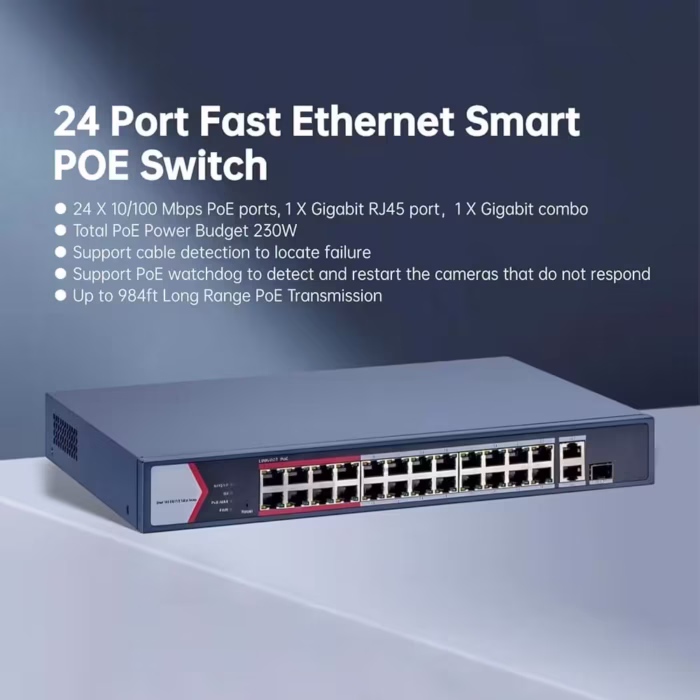 Hikvision DS-3E1326P-EI/M интелигентен PoE суич с 24 PoE порта и 2 гигабитови uplink порта