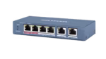 PoE суич Hikvision DS-3E0106HP-E с 4 PoE порта и 2 uplink порта, метален корпус без вентилатор, за камери и NVR
