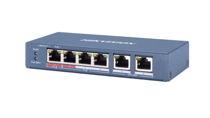 PoE суич Hikvision DS-3E0106HP-E с 4 PoE порта и 2 uplink порта, метален корпус без вентилатор, за камери и NVR