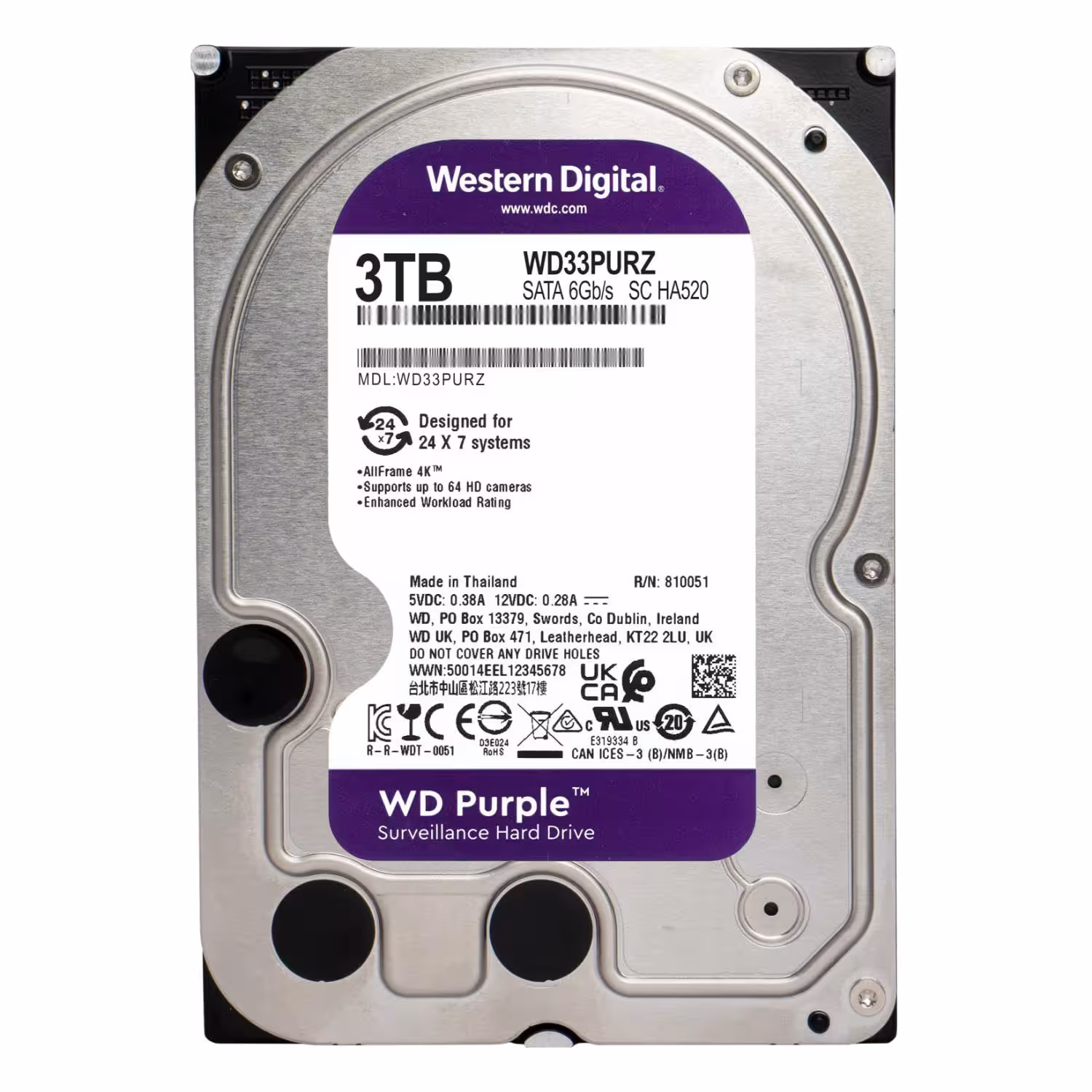 Western Digital Purple WD33PURZ 3TB, 3.5", SATA 6 Gb/s за DVR/NVR Твърд диск Western Digital Purple 3TB WD33PURZ, 3.5", SATA 6 Gb/s за 24/7 запис в системи за видеонаблюдение